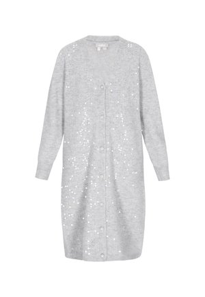 Lang lys grå cardigan med knapper foran, dekoreret med spredte små hvide pailletter og lange ærmer.