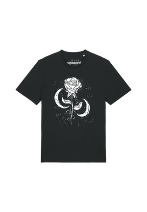 Schwarzes T-Shirt mit einer weißen Grafik einer detaillierten Rose, die zwischen zwei Mondsicheln und dekorativen Spritzeffekten zentriert ist.