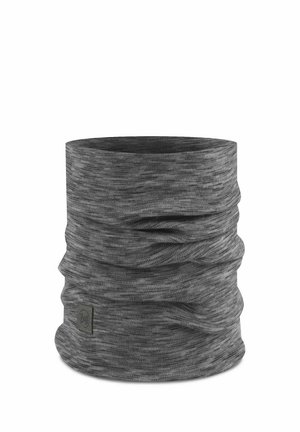 Gray tubular neck gaiter with a textured pattern, made of stretchy fabric, featuring a small logo patch on one side.