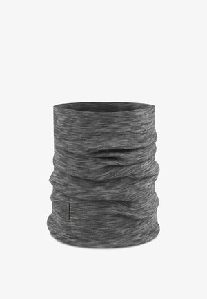 Gray tubular neck gaiter with a textured pattern, made of stretchy fabric, featuring a small logo patch on one side.