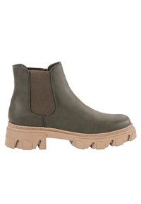 Bottes chevilles en cuir vert olive avec panneaux latéraux élastiques, dotées d'une semelle en caoutchouc beige épaisse et de détails texturés sur la tige.