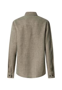 Béžová ľanová košeľa s dlhými rukávmi zobrazená zozadu, s manžetami na gombíky a jednoduchým golierom na bielom pozadí.