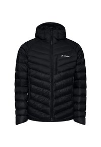 Giacca puffer nera con cappuccio, caratterizzata da un design a righe a zig-zag, zip frontale completa e tasca sul petto con zip. Realizzata in materiale leggero.