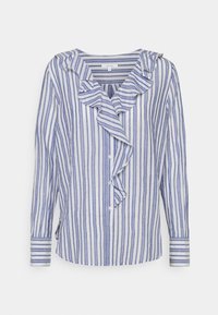 Camicia a maniche lunghe a righe blu e bianche con colletto a balze, bottoni sul davanti e maniche con polsini. Tessuto leggero.