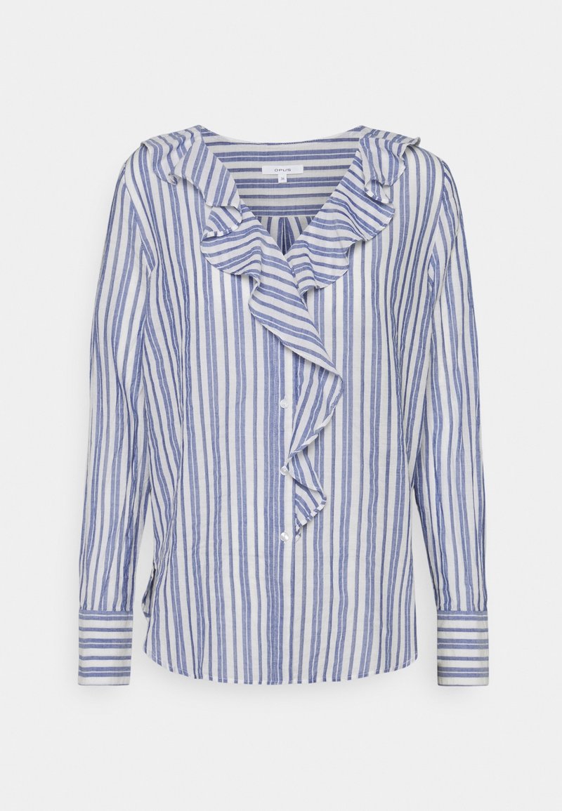 Camicia a maniche lunghe a righe blu e bianche con colletto a balze, bottoni sul davanti e maniche con polsini. Tessuto leggero.