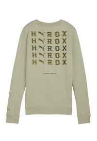 Felpa verde chiaro con il testo "HYROX" in diverse dimensioni e orientamenti sul retro, con polsini e colletto a costine.