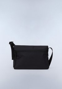 Borsa a tracolla nera in nylon con superficie testurizzata, scomparto con zip, tracolla regolabile e forma rettangolare.