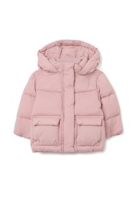 Giacca piumino rosa con cappuccio, zip frontale, due ampie tasche a patta, design trapuntato e texture morbida e liscia.