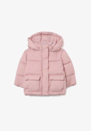 Rosa Daunenjacke mit Kapuze, Frontreißverschluss, zwei großen aufgesetzten Taschen, gestepptem Design und weicher, glatter Textur.