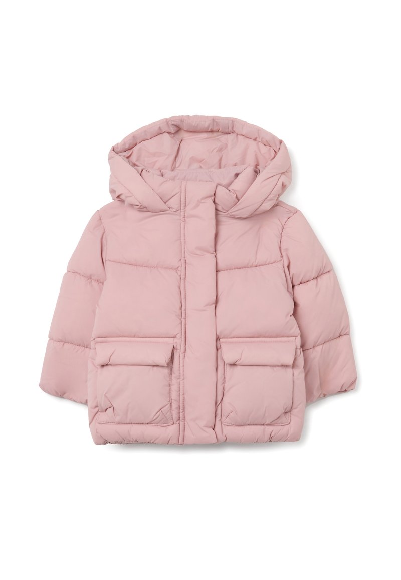 Giacca piumino rosa con cappuccio, zip frontale, due ampie tasche a patta, design trapuntato e texture morbida e liscia.