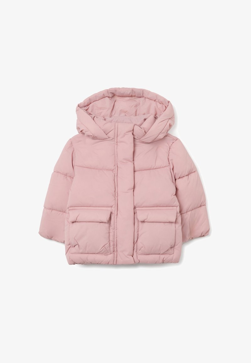 Giacca piumino rosa con cappuccio, zip frontale, due ampie tasche a patta, design trapuntato e texture morbida e liscia.