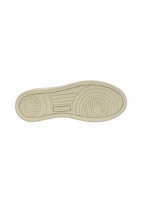 Suola di scarpa in gomma di colore crema, caratterizzata da una superficie testurizzata con motivi circolari e lineari, logo impresso e linee pulite.