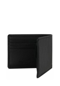 Zwarte textuur lederen bifold portemonnee open, met meerdere kaartsleuven aan de linkerkant en een simpele rechterkant.