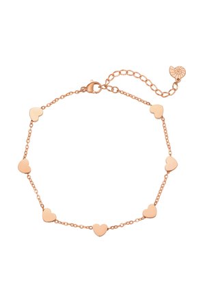 Roze gouden armband met afwisselend hartvormige schakels en een ketting, met een kreeftsluiting en een verlengkettinkje voor verstelbaarheid.