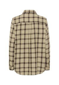 Cămașă cu mâneci lungi în carouri bej, maronii și albe, cu manșete pliate, prezentată din spate pe un fundal alb.