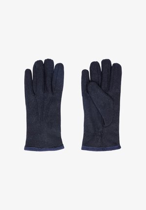 Ein Paar dunkelblaue Wollhandschuhe für den Winter mit einem glatten Bündchen, linker Handschuh mit der Handfläche nach oben und rechter Handschuh mit der Handfläche nach unten.