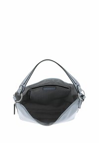 Sac à main en cuir gris avec un intérieur en tissu à motif chevrons, doté d'une seule bandoulière en cuir et d'une fermeture éclair.