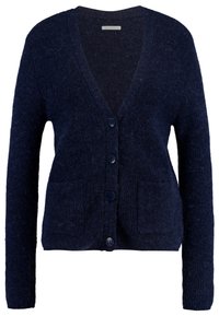 Mörkblå cardigan i strukturerad tyg, med V-ringning, långa ärmar, fem knappstängning och två framfickor.