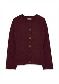 Burgundy stickad cardigan med rund halsringning, långa ärmar och åtta knappar framtill. Ribbad manschetter och fåll.