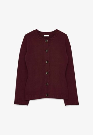 Burgundská pletená kardigán s okrúhlym výstrihom, dlhými rukávmi a ôsmymi gombíkmi na prednej strane. Hladké manžety a lem.