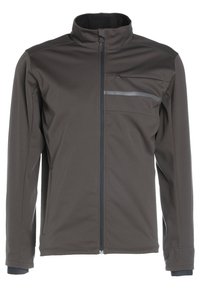 Veste softshell gris foncé avec fermeture éclair avant, col montant, poche poitrine zippée et manches longues avec trous pour les pouces.