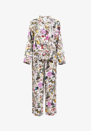 Floral print pajama set in lightweight fabric; features a collared top with buttons, long sleeves, and loose-fit pants with an elastic waistband.