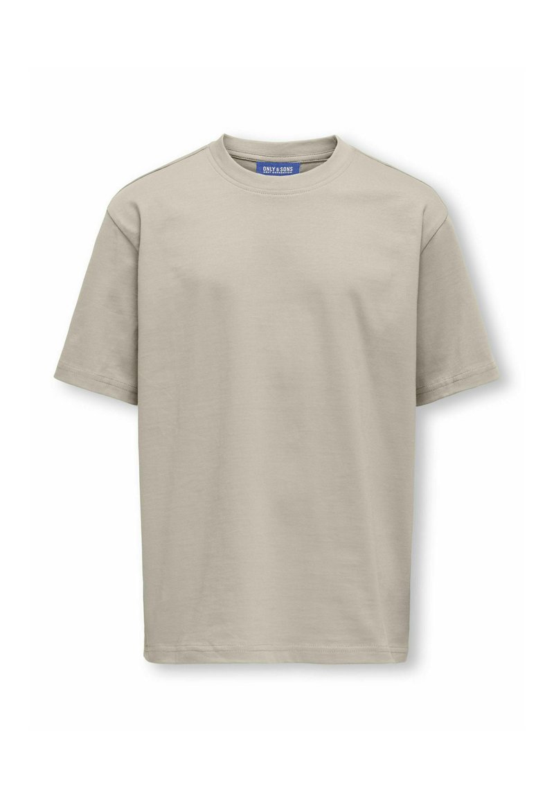 Beige bomulds T-shirt med korte ærmer, rund hals og en afslappet pasform. Har et tag inden i halsen med mærkets navn. Glat tekstur.