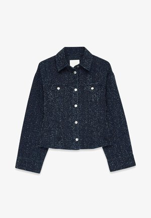 Navy denim jacket with a textured finish, featuring two chest pockets, a collar, and silver button closures. Cropped design with long sleeves.