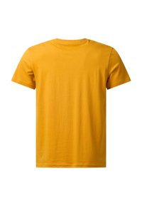 Απλό κίτρινο βαμβακερό t-shirt με κοντά μανίκια, εμφανιζόμενο από πίσω με στρογγυλή λαιμόκοψη και απλές ραφές.