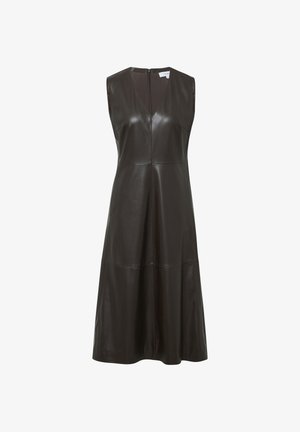 Ärmelloses, dunkelbraunes Lederkleid mit V-Ausschnitt und zentralem Reißverschluss, das eine ausgestellte Silhouette und subtile Nahtdetails aufweist.