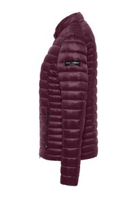 Burgundowa puchowa kurtka z pikowanym wzorem, slim fit, z kołnierzem stójkowym i zapinanymi na zamek bocznymi kieszeniami. Posiada detal z logo na lewym ramieniu.