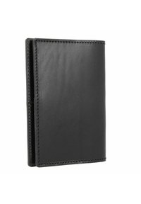 Cartera de cuero negro con textura suave, diseño de doble pliegue, bordes cosidos de manera ordenada y un exterior simple y sin adornos.