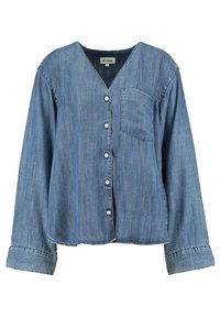 Chemise en denim à boutons avec manches longues, col en V, poche poitrine à gauche et boutons blancs sur le devant.