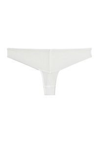 Un string blanc en tissu doux, offrant une couverture minimale, une taille étroite et des bords lisses sans embellissements.