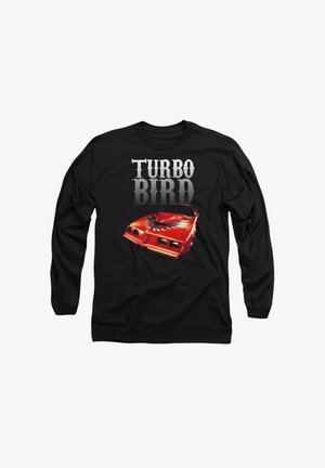 Schwarzes Langarmshirt mit einem grafischen Druck eines roten Sportwagens, der ein schwarzes Vorderdesign aufweist, und dem Text "TURBO BIRD" darüber in fetter Schrift.