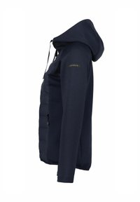 Marineblaue Kapuzenjacke mit gesteppter Frontpartie, langen Ärmeln, Reißverschlusstasche und Markenlogo am oberen linken Ärmel.