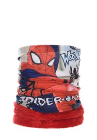 Rode fleece nekkraag met Spider-Man-print, met kleurrijke stripachtige graphics en zwarte en blauwe accenten. Zachte textuur.