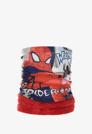 Rode fleece nekkraag met Spider-Man-print, met kleurrijke stripachtige graphics en zwarte en blauwe accenten. Zachte textuur.
