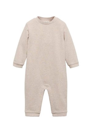 Hellbeige Langarm-Overall aus weichem Stoff. Mit rundem Ausschnitt, gerippten Ärmeln und fußlosem Design für einfaches Anziehen.
