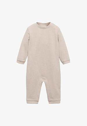 Hellbeige Langarm-Overall aus weichem Stoff. Mit rundem Ausschnitt, gerippten Ärmeln und fußlosem Design für einfaches Anziehen.