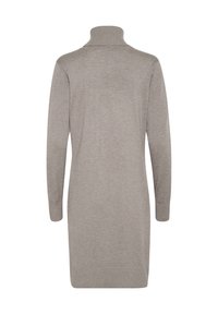 Abito maglione a maniche lunghe di colore grigio chiaro con colletto alto a dolcevita, polsini e orlo a costine. Tessuto lavorato a maglia, morbido e testurizzato, design semplice, senza fantasie.