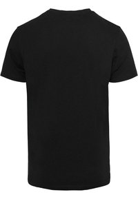 Black cotton t-shirt, short sleeves, crew neck, smooth texture, no visible branding or patterns, plain rear view.