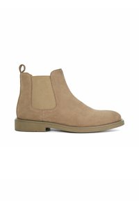 Beige suede Chelsea boots with elastic side panels, a pull tab at the back, and a flat rubber sole. Smooth texture and rounded toe design.