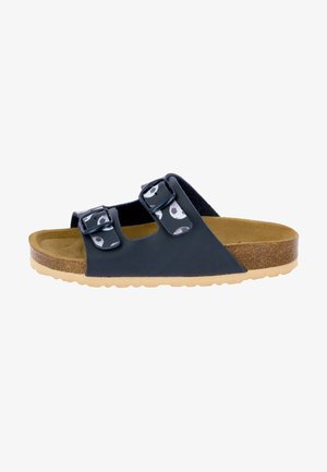 Schwarze synthetische Schlittensandale mit zwei verstellbaren Riemen, Korkfußbett und Gummiaußensohle. Verfügt über eine glatte Textur und gemusterte Riemenakzente.