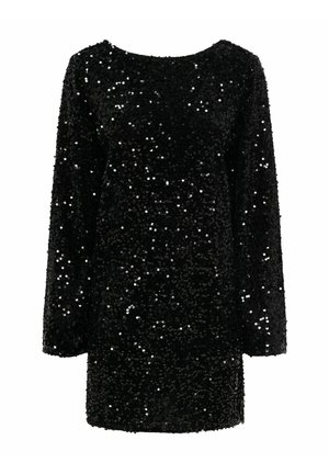 Robe noire en sequins avec des manches longues, un col rond et une silhouette droite. Présente une surface texturée due à des sequins superposés.