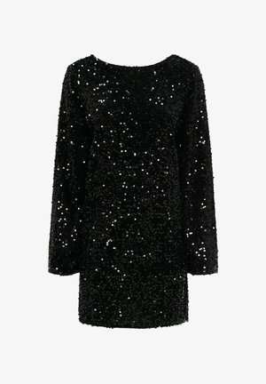 Czarna sukienka z cekinami, z długimi rękawami, okrągłym dekoltem i prostym fasonem. Posiada teksturowaną powierzchnię z nachodzącymi na siebie cekinami.