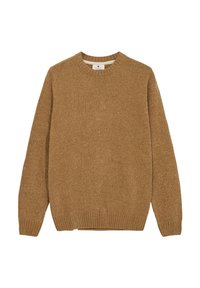 Maglione marrone lavorato a maglia con collo rotondo, polsini e orlo a coste, caratterizzato da una superficie testurizzata e tinta unita. Senza fantasie o decorazioni.