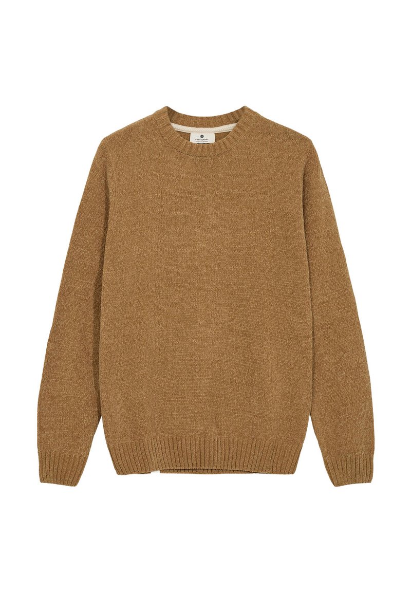 Maglione marrone lavorato a maglia con collo rotondo, polsini e orlo a coste, caratterizzato da una superficie testurizzata e tinta unita. Senza fantasie o decorazioni.