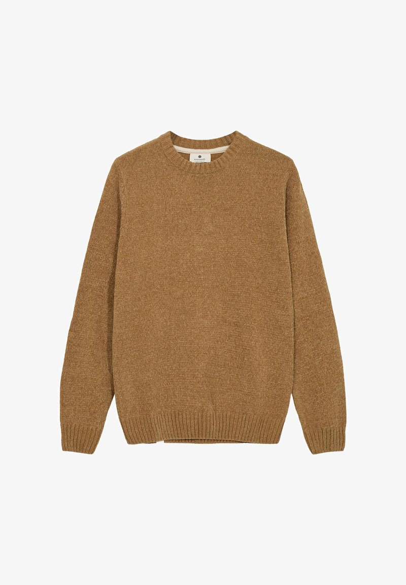 Maglione marrone lavorato a maglia con collo rotondo, polsini e orlo a coste, caratterizzato da una superficie testurizzata e tinta unita. Senza fantasie o decorazioni.