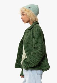 Person med lockigt blont hår iklädd en grön stickad mössa, en strukturerad mörkgrön jacka, en ljusgrön skjorta och ljusblå jeans, vänd åt vänster.